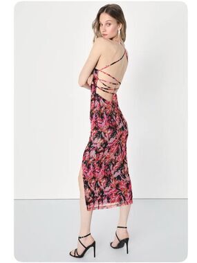 Lulus My Favorite Attention Navy Blue Floral Mesh Lace-Up Midi Dress Size XL